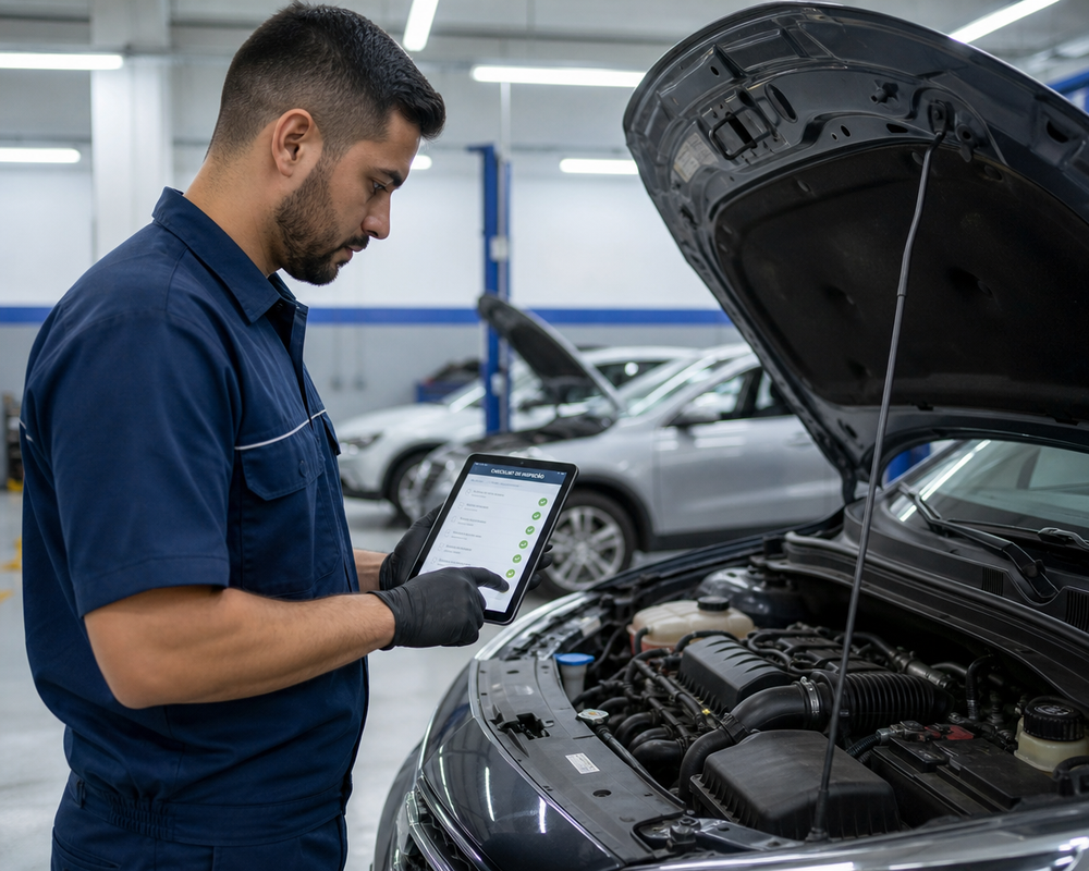 Técnico da GWN Autos realizando inspeção com checklist